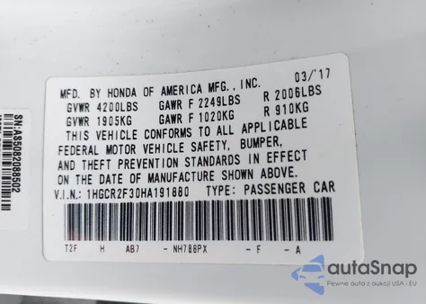 2017 Honda Accord Lx из США, поврежденный, VIN 1HGCR2F30HA191880